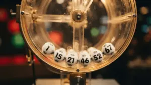 SuperEnalotto lottery balls showing winning numbers in draw machine with dramatic lighting