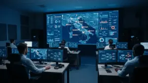 Italian regulatory control room with monitors displaying network security and website blocking operations