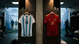 Spain and Argentina national team jerseys side by side representing World Cup final matchup