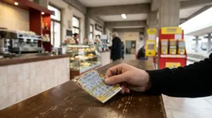Anonymous lottery winner holding a scratched ticket inside a Fabriano railway-station café